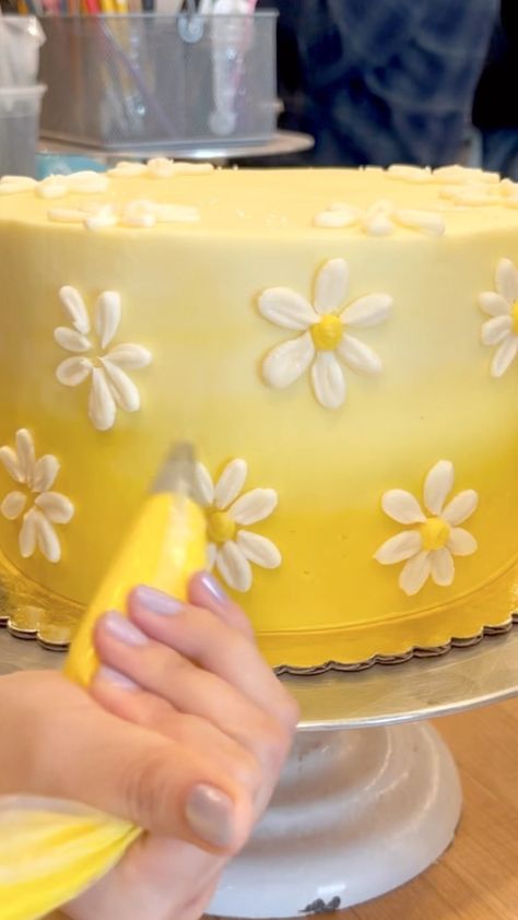 m i a ⭐️ s t a r r on Instagram: “How to pipe daisies! Another quick tutorial! I used a #104 petal tip and #10 round tip to pipe these flowers 💐 #howto #cakedecorating…” Buttercream Daisy Tutorial, Piping Daisy Flowers, How To Pipe Flowers On Cake, Daisy Flower Cake, Piping Cake, Round Birthday Cakes, Daisy Cupcakes, Cake Decorating Flowers, Daisy Cake