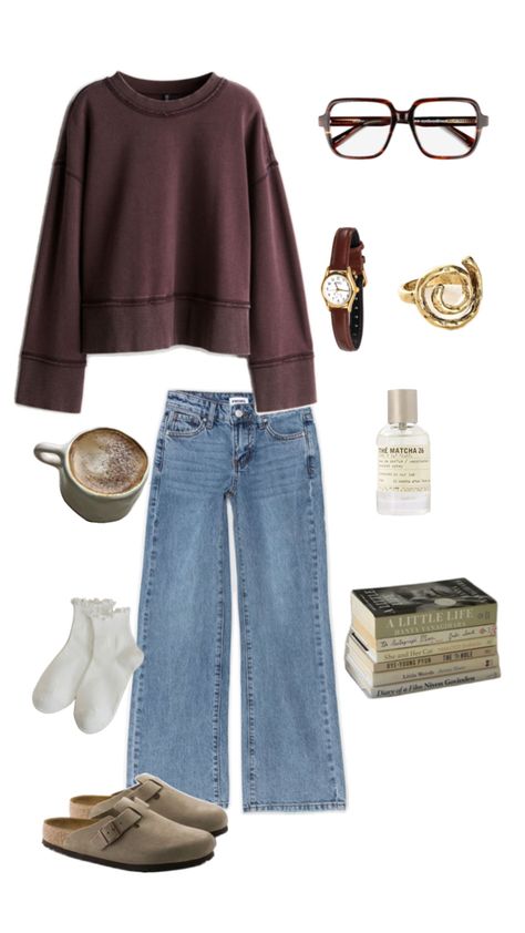 Brown sweater, jeans, Birkenstock clogs, books, perfume, coffee, glasses, jewlery. Comfy outfit, cozy outfit Brown Birkenstocks, Birkenstock Clogs Outfit, Running Errands Outfit, Glasses Outfit, Birkenstock Clogs, Birkenstock Outfit, Clogs Outfit, Errands Outfit, Sweater Jeans