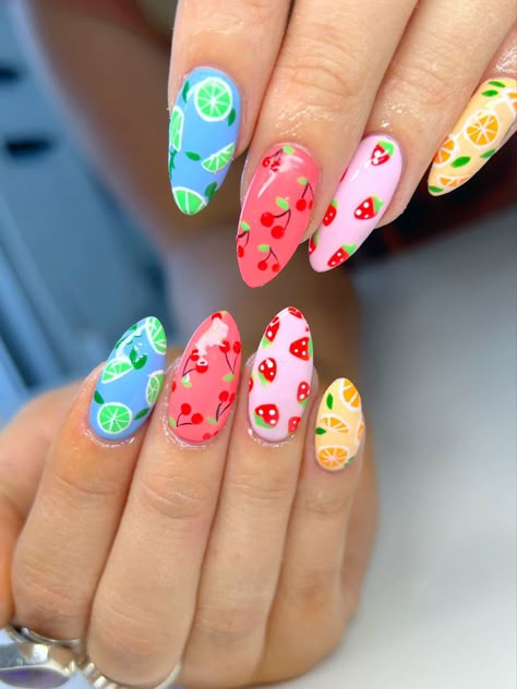 Fruity Nails Design, Summer Nails Creative, Fruit Pedicure Ideas, French Tip With Fruit Nails, Fruity Summer Nails, Super Colorful Nails, Fruity Nails Summer, Cute Fruit Nail Designs, Food Inspired Nails