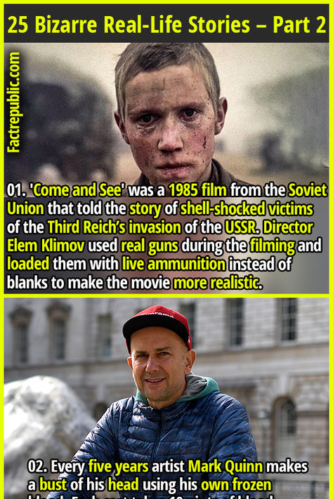 01. 'Come and See' was a 1985 film from the Soviet Union that told the story of shell-shocked victims of the Third Reich’s invasion of the USSR. Director Elem Klimov used real guns during the filming and loaded them with live ammunition instead of blanks to make the movie more realistic. #movies #films #hollywood #wtf #didyouknow #shocking #history #bizarre #strange Human Teeth, Doctors Note, Shell Shock, Medical Tests, Medical Terms, Skin Disorders, Women Names, Real Life Stories, Paul Mccartney