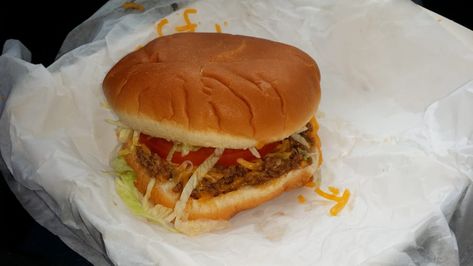 Fake 1980's Taco Bell Bell Beefer Burger | Food.com Taco Bell Bell Beefer Recipe, Taco Bell Beef, Taco Burgers, Loose Meat, Taco Burger, Loose Meat Sandwiches, Taco Bell Recipes, Types Of Sandwiches, Beef Dinners