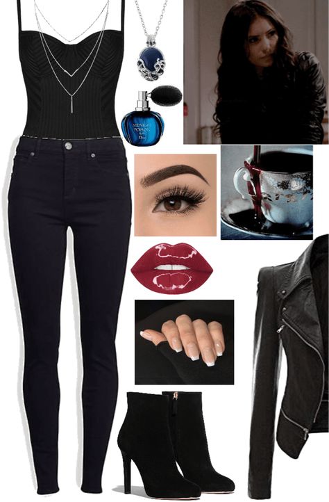 Kathrine Perice Outfits Halloween, Katherine Vampire Diaries Outfits, All Black Vampire Outfit, Katherine Pierce Fashion, Tvdu Inspired Outfits, Tvd Clothes Inspired Outfits, Katherine Pierce Halloween Costume Ideas, Tvd Katherine Outfits, Catherine Pierce Outfits