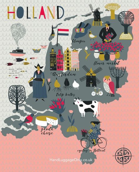 Holland Map, Cartoon Map, Italy Moda, Holland Netherlands, Netherlands Travel, Amsterdam Travel, Amsterdam City, Illustrated Map, Travel Maps