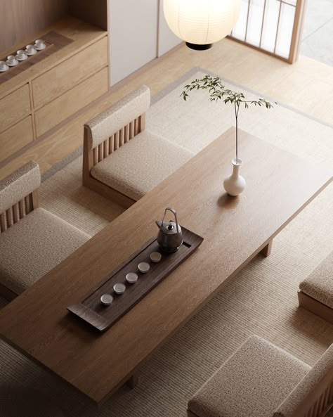 Japanese Low Dining Table, Japan Dining Table, Floor Dining Table Ideas Japanese, Tea Space Design, Japan Dining Room, Desk Dining Table Combo, Low Seating Dining, Japanese Tea House Interior, Japanese Furniture Modern