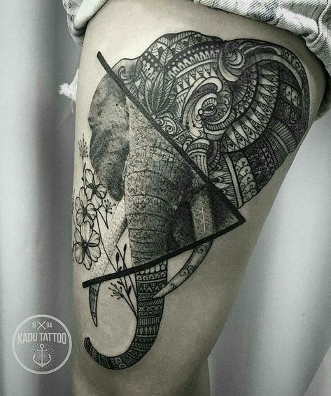 75 Big And Small Elephant Tattoo Ideas - Brighter Craft Geometric Elephant Tattoo, Elephant Thigh Tattoo, Elephant Tattoo Design, Tattoo Zeichnungen, Geniale Tattoos, Elephant Tattoo, Elephant Tattoos, An Elephant, Trendy Tattoos