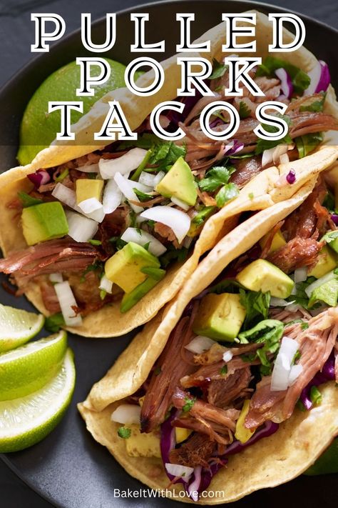 These pork tacos are an easy and delicious way to use any leftover pulled pork you might have in the fridge! From start to finish, they only take about 15 minutes to prepare, so they're perfect for busy weeknights. Your Taco Tuesdays are about to get a whole lot better! BakeItWithLove.com Leftover Pulled Pork Tacos, Bbq Pulled Pork Tacos, Slow Cooker Pulled Pork Tacos, Pulled Pork Tacos Recipe, Pork Taco, Pulled Pork Leftover Recipes, Leftover Pulled Pork, Leftover Taco Meat, Easy Pulled Pork