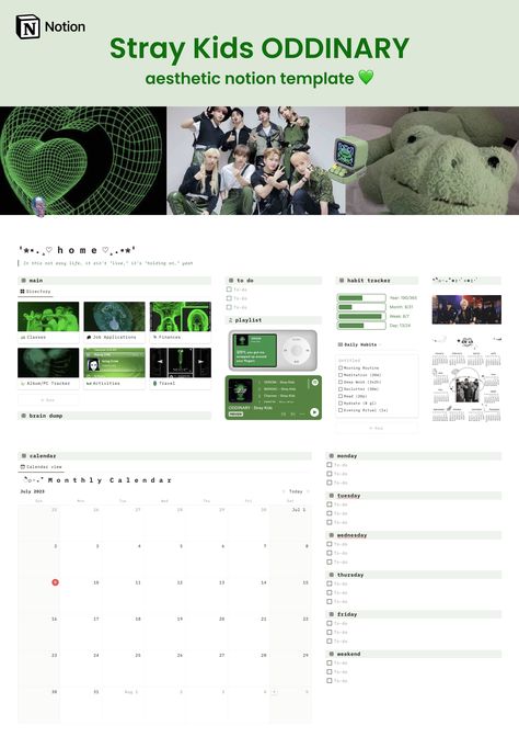 straykids, skz, oddinary, skz green, oddinary aes, maniac skz, maniac, straykids aes, kpop, study, study inspo, productivity life planner, aesthetic, notion, notion dashboard, notion homepage, notion inspo, notion template, kpop notion, cute notion template, green aes, green notion Seventeen Notion Template, Kpop Notion Template Ideas, Kpop Notion Template, Notion Kpop, Kpop Study, Notion Study, Notion Dashboard Template, Skz Oddinary, Maniac Skz