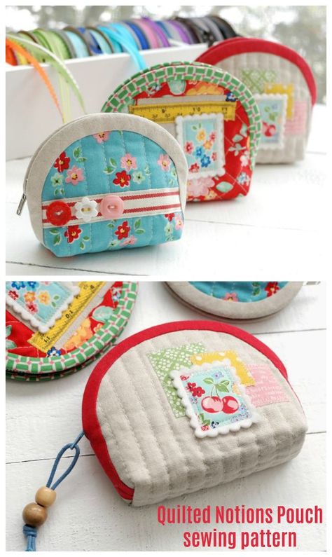 Sewing pattern for a cute zipper pouch. Embellished zipper bag sewing pattern including cute embroidery, buttons, trims and appliques. Half moon zipper bag sewing pattern in two different sizes. #SewABag #zipperbagpattern #ZipperPouchPattern #sewazipperbag #BagSewingPattern #SewModerrnBags Button Pouch Sewing Pattern, Small Zipper Pouch Pattern Free Sewing, 7 Inch Zipper Projects, Zipper Coin Purse Pattern, Sewing Pouches And Bags, Small Pouch Sewing Pattern, Pouch Sewing Pattern, Minki Kim, Small Purses And Handbags