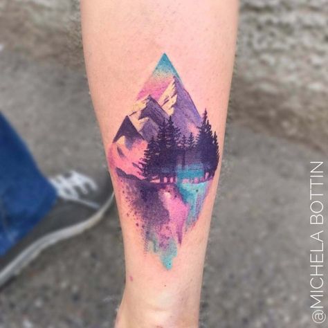 mountain watercolor tattoo on calf Mens Hip Tattoos, Watercolor Tattoo Shoulder, Watercolor Mountains Tattoo, Tattoo Calf, Berg Tattoo, Tattoo Fairy, Back Of Leg Tattoos, Element Tattoo, Tattoo Watercolor