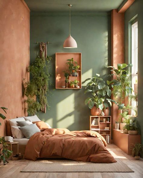 Green Walls Orange Curtains, Orange And Green Interior Design, Green And Orange Bedroom Aesthetic, Sage And Orange Bedroom, Greenery Room Decor Bedroom, Orange And Green Bedding, Sage Green And Orange Bedroom, Burnt Orange And Green Bedroom, Dark Orange Bedroom