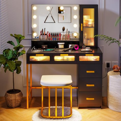 PRICES MAY VARY. 🎁【Dresser with Charging Station】 This vanity has 2 power sockets + USB + Type-C interface to allow you to charge your electronic products in a timely manner. You can also sit directly in front of this lighted dressing table and easily style your hair with a curling iron or hair dryer. 🎁【Human Body Sensing Function】This vanity table is equipped with a human body sensing function switch. When you turn on the human body function, it will automatically light up when you approach i Makeup Vanity With Lights, Vanity With Lights, Kitchen Appliance Set, Makeup Vanity Lighting, Vanity Benches, Makeup Desk, Vanity Table Set, Small Vanity, Vanity Makeup