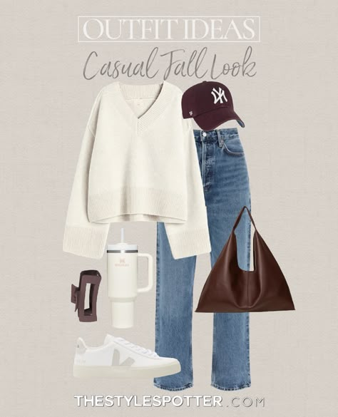 Shop Fall Outfits, Light Blue Jeans Outfit Winter Casual, Brown Ny Hat Outfit, Cream Cardigan Outfit Aesthetic, Neutral Outfit Ideas Fall, White Purse Outfit Ideas, Baseball Hat Fall Outfit, Rich Old Money Aesthetic Outfits, Savannah Georgia Outfit Winter