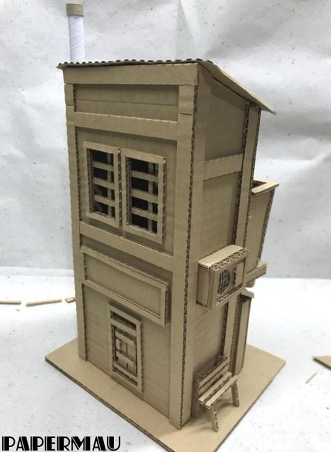 Cardboard Box Houses, Cardboard Art Sculpture, Cardboard Props, Cardboard City, Mache Art, Cardboard Model, House Template, Cardboard Sculpture, Cardboard House