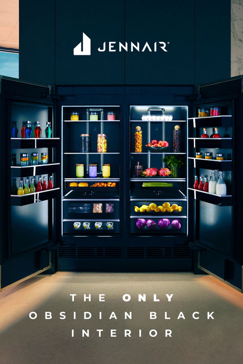 JennAir Column Refrigerators are forging the future of luxury,
with the industry exclusive obsidian black interior with ecliptic 
lighting. It makes the finest foods stand out like vibrant works of art. Jennair Refrigerator, Luxury Refrigerator, Column Refrigerator, Jenn Air Appliances, Kitchen Appliances Luxury, Salon Suites, Contemporary House Plans, Freezers, Kitchen Redo