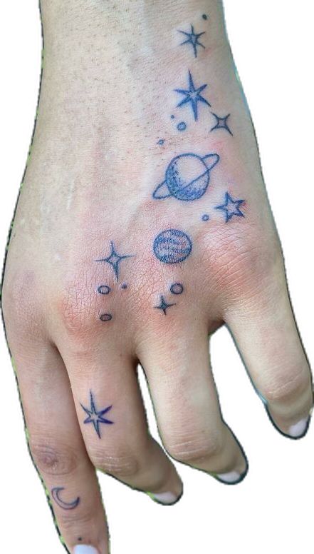 Blue planets and stars tattoos on the hand Tattoos On Hand, Rose And Dagger Tattoo, Realistic Owl Tattoo, Simple Hand Tattoos, Hand Tattoo Designs, Black Line Tattoo, Simple Flower Tattoo, Twin Tattoos, Butterfly Hand Tattoo