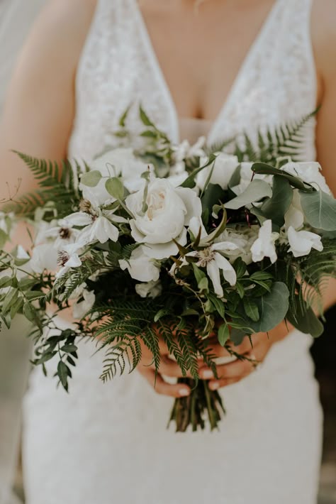 Wedding Bouquets With Lots Of Greenery, White Rose And Fern Bouquet, Leafy Bridal Bouquet, Sage Green Wildflower Bouquet, Bridal Bouquet With Ferns, Wedding Flowers With Ferns, Wedding Bouquet With Ferns, Forest Green Wedding Flowers, Bride Bouquet Greenery