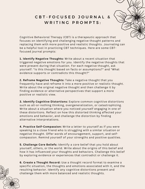 Journaling and writing prompts that can help with practicing key Cognitive Behavioral Therapy (CBT) tools and techniques. Journaling is a core CBT skill, and these prompts can help with identifying and challenging automatic negative thoughts, core beliefs, and much more! Cbt Therapy Homework, Cbt Therapy Cheat Sheet, Cbt Therapy Journal Prompts, Cbt Prompts, Cbt Cheatsheet, Cbt Journaling, Cognitive Behavior Therapy Worksheets, Cbt Journal, Erp Therapy