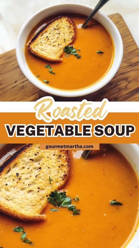 Craving a comforting bowl of warmth? This Roasted Vegetable Soup recipe is packed with flavor from perfectly caramelized veggies. It’s healthy, hearty, and the ultimate fall or winter dish! Ready to cook? Click for the recipe. #RoastedVegetableSoup #HealthySoup #FallSoup #WinterRecipes #VegetarianSoup #ComfortFood #SoupRecipe #VegetableSoup #HealthyEating #EasyRecipes Roasted Veg Soup Recipes, Roasted Vegetable Soup Coconut Milk, Toasted Vegetable Soup, Roasted Tomato And Vegetable Soup, Purred Soups Healthy, Roasted Veggie Soup Recipes, Roasted Vegetable Soup Recipes, Ratatouille Soup Recipe, Roasted Vegetables Soup