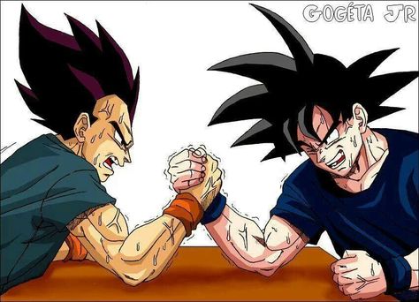 #OMG if #Goku & #Vegeta had just done this from the beginning  the earth would have been baldly damaged SMH -_- Dragonball Crossover, Vegeta Y Trunks, Arm Wrestling, Goku Y Vegeta, Vegeta And Bulma, Dragon Ball Z Shirt, Goku Vs, Anime Friendship, Goku And Vegeta