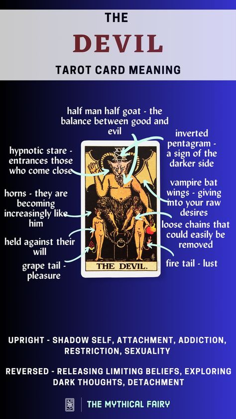 Devil tarot card: Beware of chains! Curious about your love life? Get a FREE love tarot reading! Explore the mystical realms of crystals, reiki, and energy healing all in one place. The journey to your destiny starts by clicking the link above! Mythical Fairy, The Devil Tarot Card, Devil Tarot Card, Best Tarot Decks, The Devil Tarot, Inverted Pentagram, Pentacles Tarot, Learning Tarot Cards, Love Tarot Reading