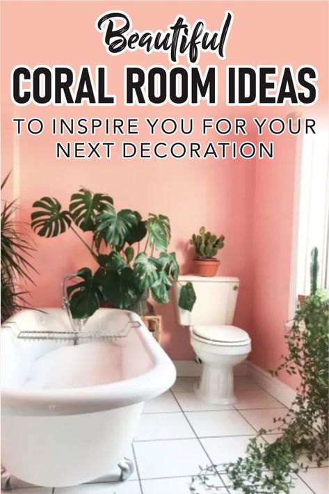 Peach Colored Bathrooms, Coral Home Office, Coral Powder Room, Coral Walls Living Room, Coral Bathroom Walls, Coral Room Ideas, Coral Bathroom Ideas, Coral Dining Room, Bold Bathroom Colors