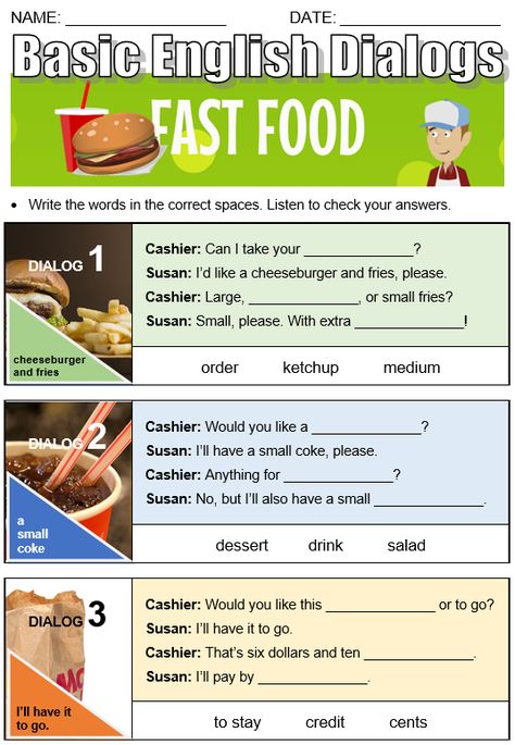 Fast Food - All Things Topics Restaurant Words English, Speaking About Food, Restaurant Dialogue English, Ordering Food Worksheet, Restaurant Vocabulary English Worksheets, Fast English Speaking, Fast Good, Food Vocabulary, Vocabulary Exercises