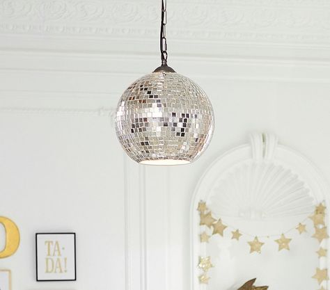 Emily & Meritt Disco Pendant Mirror ball hanging pendant light. Inspired by a sparkling disco ball, hand-blown pendant fills their room with playful and whimsical style to brighten your room. Wall Light Sconces, Disco Ball Light, White Console Table, Emily And Meritt, Girls Playroom, Blue Glass Bottles, Nursery Lighting, Mirror Ball, Nursery Essentials