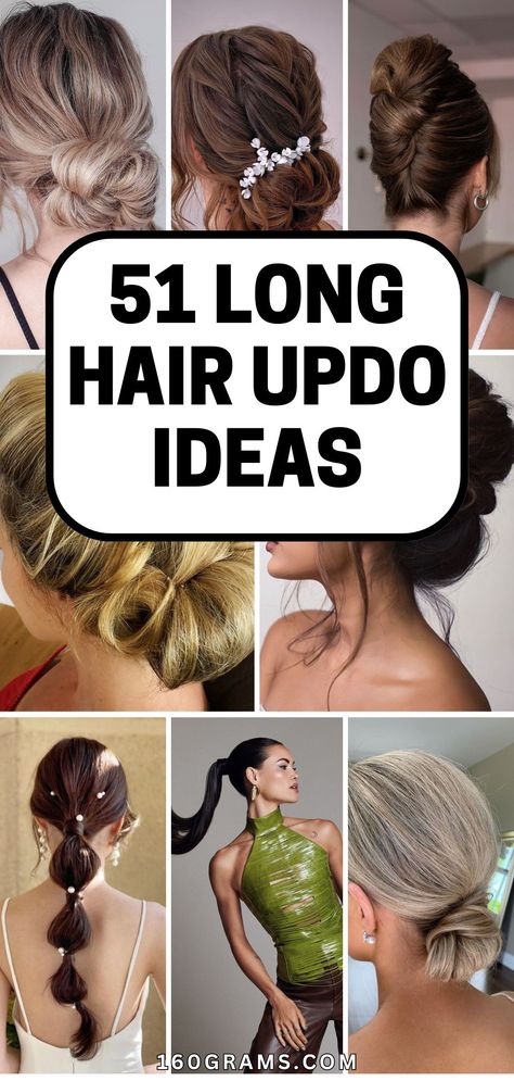 Save this pin for a collection of elegant long hair updo styles that will make you stand out at any event! Discover the perfect hairstyle to turn heads and elevate your look. #LongHairUpdos #HairInspiration #FashionBlog #HairstyleIdeas Masked Ball Hairstyles, Updo Hairstyles For A Wedding, Classic Updos For Long Hair, Pony Updos For Long Hair, Bridesmaid Updo High Bun, Formal Hair Updo Elegant, Up Hair Do Styles, Curly Hair Work Styles Updo, Fancy Hairstyles For Medium Length Hair