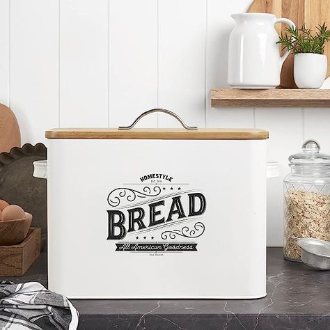 Extra Large White Farmhouse Bread Box for Kitchen Countertop - Breadbox Holder Fits 2+ Loaves - Bread Storage Container Bin - Rustic Bread Keeper Vintage Metal Kitchen Decor (White with Wood Lid). Amazon product/associate Breadbox Ideas Counter Tops, Farmhouse Bread Box Diy, Modern Bread Boxes On Counter, Refurbished Bread Box Vintage, Farmhouse Bread Boxes, Vintage Bread Boxes Metal, Bread Storage, Rustic Bread, Bread Boxes