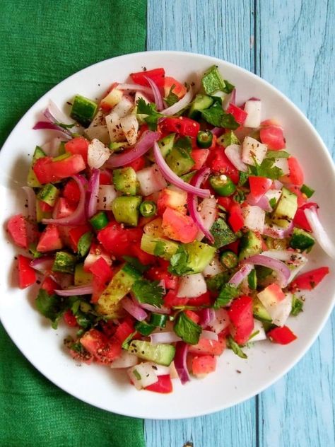 Kachumber Salad | Indian Kachumber Salad - Spoons Of Flavor Salad Cucumber Tomato, Cucumber Tomato Onion Salad, Salad Indian, Tomato Onion Salad, Kachumber Salad, Baby Potato Recipes, Tomato And Onion Salad, Indian Salads, Salad Cucumber