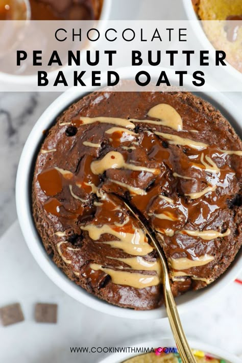 Healthy and tasty, you’re going to want make this chocolate peanut butter banana baked oats for breakfast. This is my take on the viral Tik Tok #BakedOats that’s been going around recently. This combination of flavor is going to quickly become your new favorite because it’ll reminds you of Reese’s chocolate… but for breakfast! #bakedoats #chocolate #peanutbutter Peanut Butter Cup Baked Oats, Baked Oats Peanut Butter Chocolate, Peanut Butter Oats Recipes, Chocolate Peanut Butter Protein Oats, Peanut Butter Chocolate Baked Oats, Baked Oats For Breakfast, Peanut Butter Banana Baked Oats, Banana Chocolate Baked Oats, Tik Tok Baked Oats