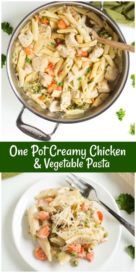 One Pot Creamy Chicken and Vegetable Pasta recipe from RecipeGirl.com #one #pot #onepot #creamy #chicken #vegetable #pasta #dinner #recipe #RecipeGirl Garlic Chicken Pasta With Vegetables, Creamy Chicken Veggie Pasta, Chicken And Vegetable Pasta Recipes, Pasta With Vegetables And Chicken, Chicken And Elbow Pasta Recipes, Chicken And Veggie Pasta Recipes, Chicken Vegetable Pasta Recipes, Vegetable Chicken Pasta, Chicken Veggie Pasta