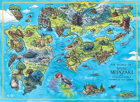 Illustrated map of Studio Ghibli films directed by Hayao Miyazaki. Art Studio Ghibli, Hayao Miyazaki Movies, Maps Aesthetic, Personajes Studio Ghibli, Wind Rises, Ghibli Artwork, Map Wallpaper, Studio Ghibli Movies, Japon Illustration