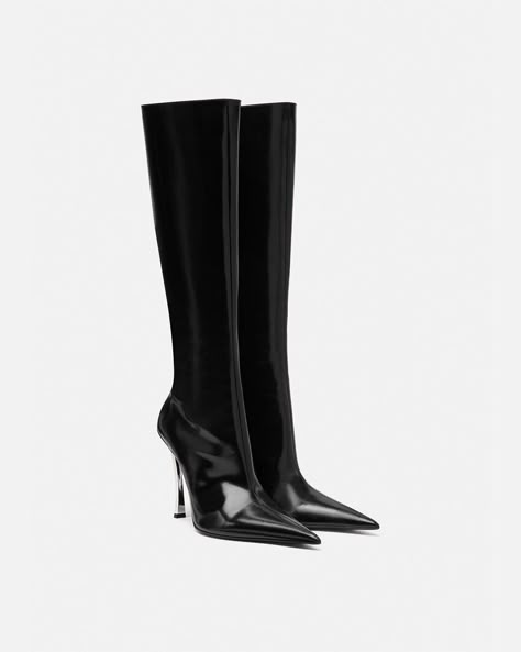 Versace Pin-Point Knee-High Boots | VERSACE Versace Boots, Versace Heels, All Black Fashion, Luxury Designer Shoes, Versace Fashion, Versace Shoes, Slides Sandals, Footwear Design Women, Boots Fall