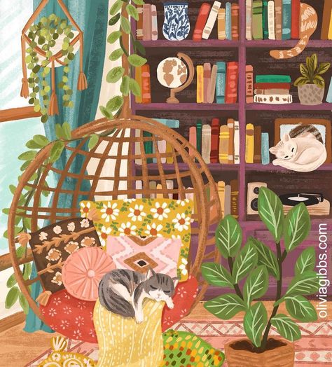 Olivia Gibbs Illustration, Reading Art Illustration, Dainty Paintings, Saturday Illustration, Olivia Gibbs, Cat Reading, Reading Art, Art Et Illustration, Travel Wall Art