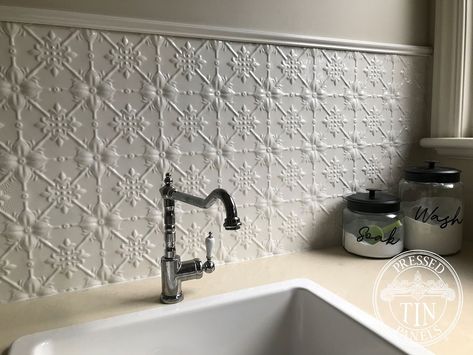 White Tin Backsplash Kitchen, Pressed Tin Bathroom Walls, Pressed Tin Wallpaper, Pressed Tin Shower Walls, Tin Tile Backsplash Kitchen, Pressed Tin Kitchen Backsplash, Tin Shower Walls, White Pressed Tin Backsplash, Pressed Metal Splashback