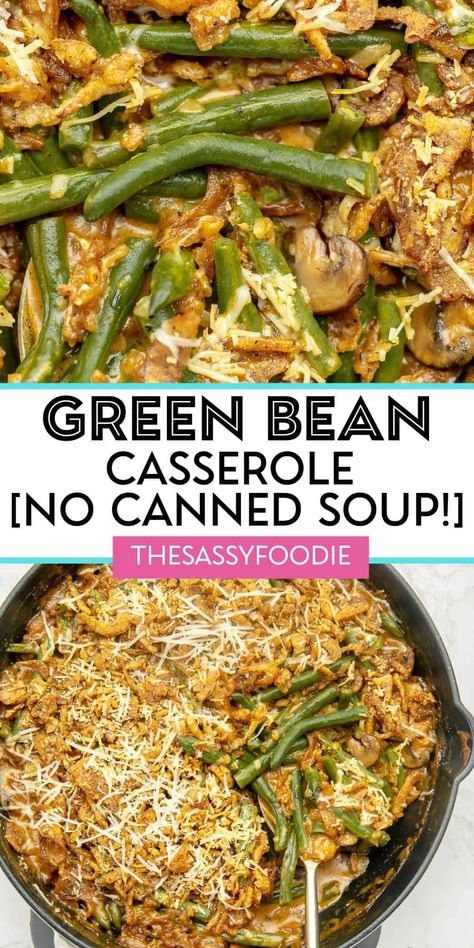 There is nothing quite as classic as green bean casserole for the holidays. Ditch the classic canned soup recipe for this homemade skillet green bean casserole, with a creamy homemade mushroom base instead. Tender yet crisp green beans are baked together with a savory creamy sauce, and topped with those iconic fried onions for a classic vegetable side - The best part is you only need one pan! Cheesy Green Beans, Fresh Green Bean Casserole, Cheesy Green Bean Casserole, Creamy Green Beans, Southern Green Beans, Classic Green Bean Casserole, Green Bean Casserole Easy, Southern Greens, Thanksgiving Meals