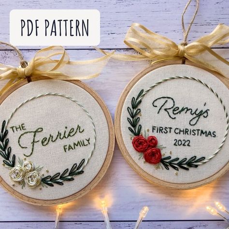 Baby’s First Christmas Ornament Embroidered, Christmas Embroidery Decorations, Personalized Felt Ornaments, How To Embroider Christmas Ornaments, Ornament Embroidery Pattern, First Christmas Embroidery Ornament, Mini Christmas Embroidery, Hand Embroidery Christmas Ornaments, Wedding Embroidery Gifts