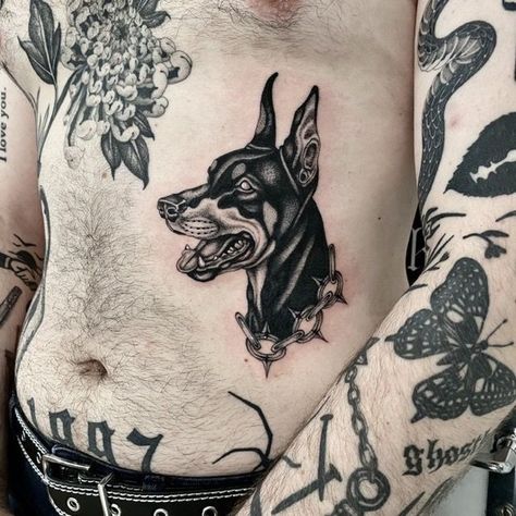 Doberman Dog Tattoo Design, Doberman Chest Tattoo, Doberman Neck Tattoo, Vicious Dog Tattoo, Angry Doberman Tattoo, Bold Traditional Tattoos, Dog Tattoo Men, Traditional Doberman Tattoo, Doberman Tattoo Design