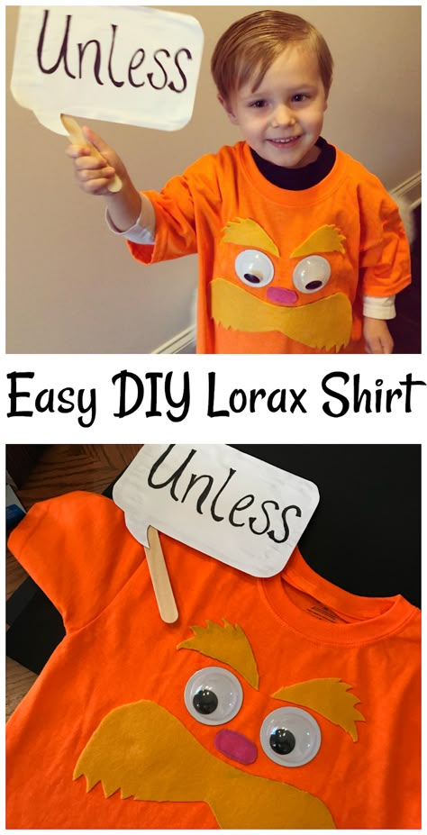 Easy DIY Lorax Shirt  to Celebrate Dr. Seuss' Birthday & Read Across America Day Easy Dr Seuss Character Costume, Dr Suess Spirit Week Outfit Ideas, Dress Like Dr Seuss Character Easy, Dr Seuss Teacher Costume, Seuss Character Costumes Diy, Dr Seuss Characters Costumes, Sneeches Dr Seuss Costume, Lorax Dress Up, Dr Seuss School Costumes