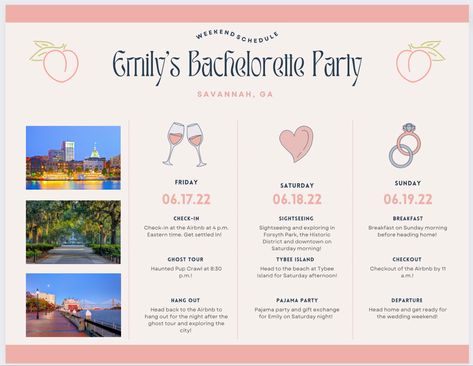 Savannah, GA bachelorette weekend itinerary designed on Canva Bachelorette Weekend Itinerary Template, Canva Bachelorette Itinerary, Savannah Bachelorette Weekend, Vegas Bachelorette Itinerary, Savannah Bachelorette, Itinerary Template Free, Bachelorette Party Itinerary Template, Weekend Itinerary Template, Itinerary Design