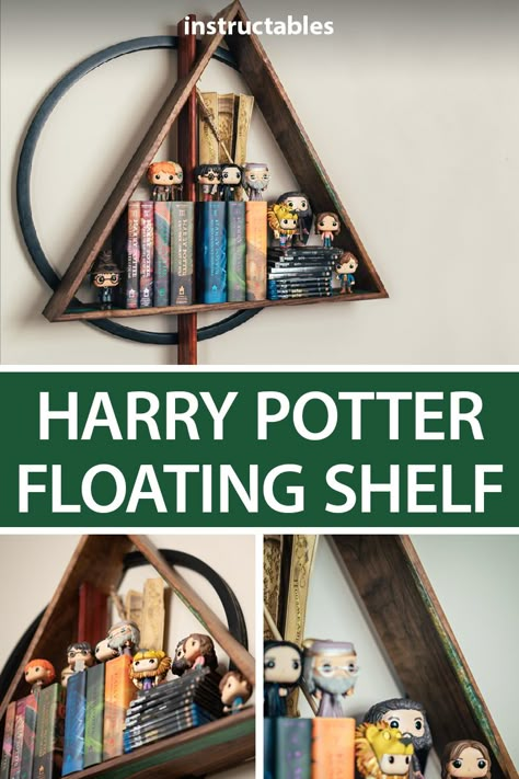 Create a floating shelf that is based on the Deathly Hallows symbol from the Harry Potter series.  #Instructables #wood #woodart  #woodcraft #woodgrain #woodshop #workshop #woodwork #woodworkers #woodworkforall #woodworking #woodworkingproject #carpentry #woodcarving #finewoodworking #furnituredesign #handmadefurniture #furniture #home #decor #homedecor Harry Potter Book Ends Diy, Harry Potter Book Display, Harry Potter Home Library, Harry Potter Home Decor Ideas, Harry Potter Wood Projects, Harry Potter Office Ideas, Harry Potter Home Decor Diy, Harry Potter Decor Home, Harry Potter Shelves