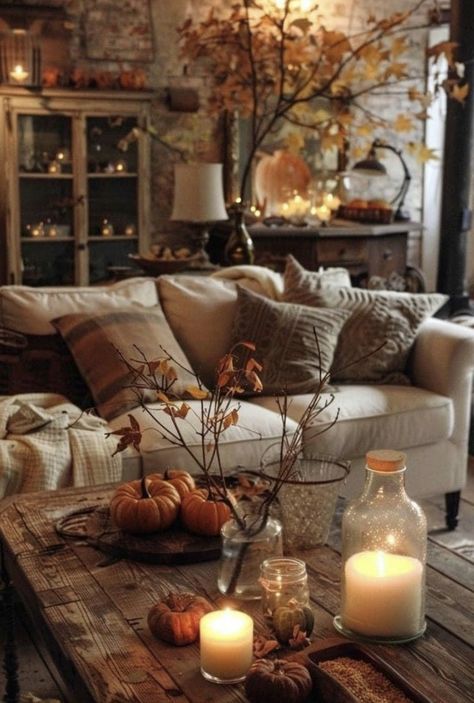 Fall Living Room, Cozy Fall Decor, Dekorasi Kamar Tidur, Fall Thanksgiving Decor, Autumn Decorating, Fall Halloween Decor, Decoration Inspiration, Fall Centerpiece, Autumn Cozy