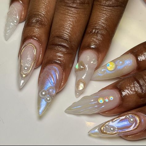 Fairy Chrome Nails, Chrome Wave Nails, Ocean Chrome Nails, Pearl Beach Nails, Pearl White Chrome Nails Design, Korean Clear Nails, Ocean Pearl Nails, White Ethereal Nails, Beach 3d Nails