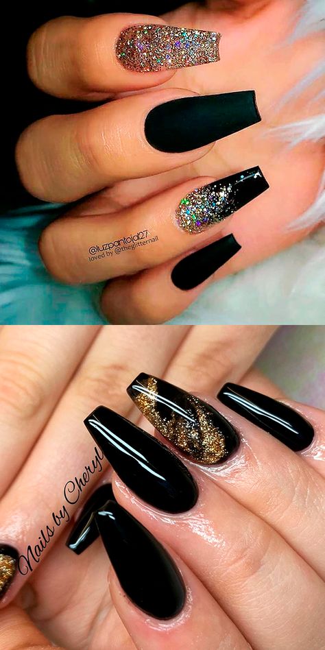 Matt And Glossy Nails, Black Matte Nails With Design, Coffin Art, Black And Gold Nails, Glitter Ideas, Nails Grunge, Black Nails With Glitter, Gold Acrylic Nails, Nails With Glitter