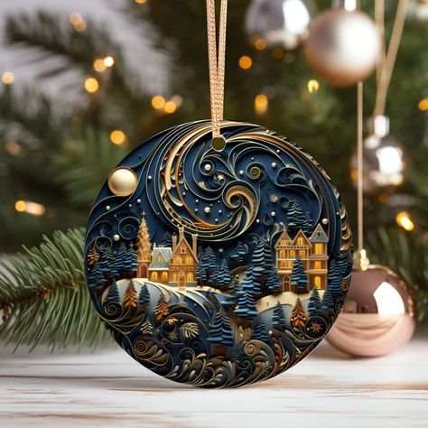 3D Effect Starry Night Ornament Christmas Decoration 3D - Etsy Christmas Starry Night, Wooden Christmas Ornaments, Felt Christmas Ornaments, Round Ornaments, Gifts For Art Lovers, Very Merry Christmas, Ornaments Design, Sentimental Gifts, Ornament Christmas