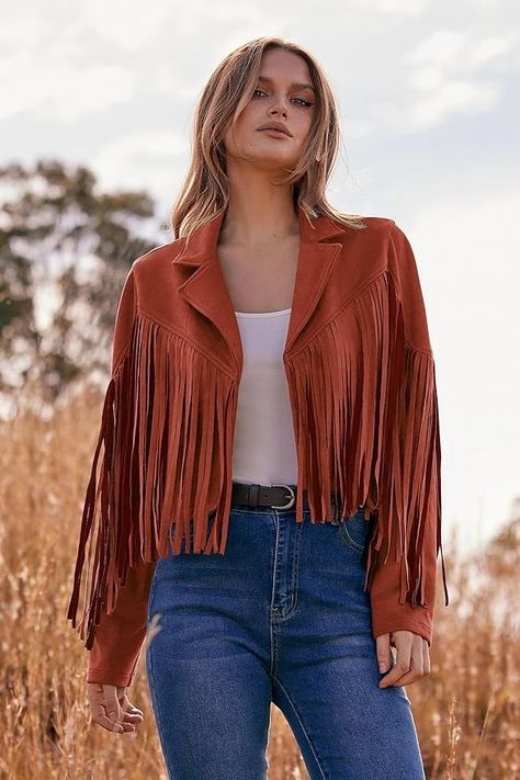 PRETTYGARDEN Women's Fringe Faux Suede Leather Jackets 2024 Fashion Tassel Motorcycle Cropped Coats (Brick Red,X-Large) at Amazon Women's Coats Shop Tassel Jacket, Leather Jacket Style, Tassels Fashion, Faux Locs, 2024 Fashion, Western Dresses, Brick Red, Cropped Jacket, Women's Coats