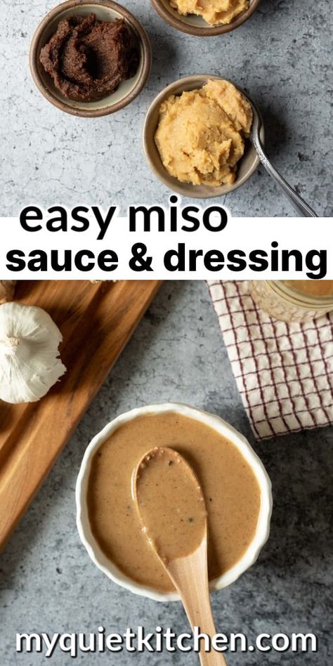 Miso sauce is an easy way to add tons of flavor to your meals. It's packed with umami, made with 7 simple ingredients, and great on everything from noodles and rice, to salads to stir-fries! Miso sauce doubles as a salad dressing and can even be used as a dip for veggies. As a fermented food, miso is well known for its health benefits and incredible flavor, and this 5-minute sauce makes it easy to include miso in your diet. Miso Paste Recipes, Miso Sauce Recipe, Miso Dressing Recipe, Miso Salad Dressing, Miso Recipes, Dip For Veggies, Sauce For Vegetables, Vegan Dressings, Miso Recipe