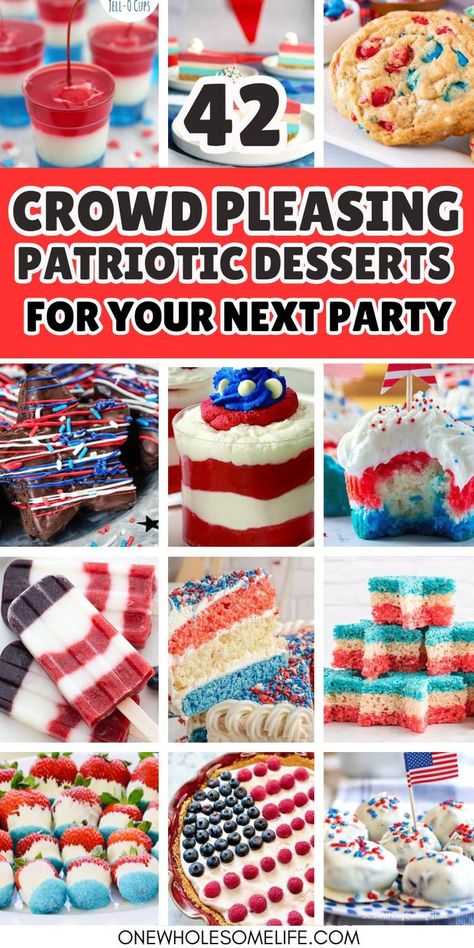 Collage of red, white, blue dessert recipes. Cool Whip Cake, Recipes For 4th Of July, Blue Desserts Recipes, Red White And Blue Desserts, Memorial Day Desserts, 4th July Food, Bbq Party Food, Memorial Day Foods, Patriotic Food