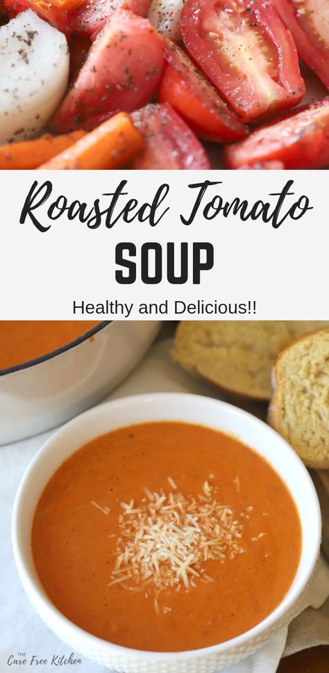 This tomato soup recipe is made with roasted tomatoes, onions and carrots.  It is a delicious homemade tomato soup and will soon become your family's favorite.  #soup #tomato #basil #roasted #tomatoes #tomato #homemade Tomato Soup With Carrots And Celery, Roasted Tomato And Carrot Soup, Roasted Tomato Carrot Soup, One Pan Tomato Soup, Zesty Tomato Soup, Diy Tomato Soup, Recipes Using Tomato Soup, Tomato Soup For Two, Tomato Soup With Carrots